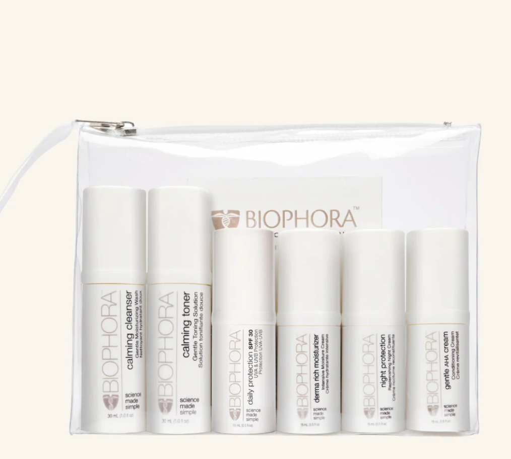 a sensitive skin care set in a clear bag